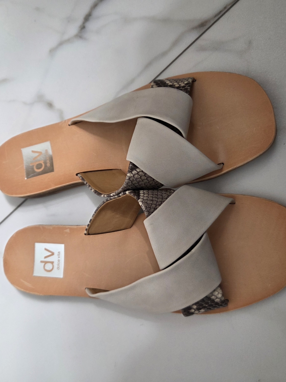 DV by Dolce Vita Taupe Crossover Slide Sandals with Snake-Print Accent